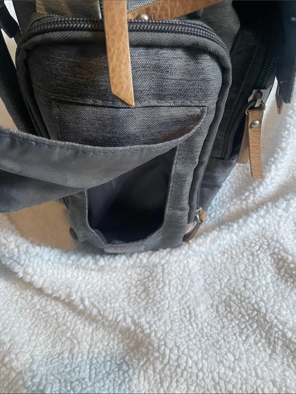 Eddie Bauer Two-Tone Gray and Light Gray Canvas diaper bag with Tan Accents